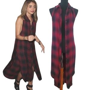 BDG Burgundy and Black Plaid Extra Long Sleeveless Button Up Shirt Dress XS 90s